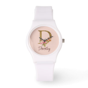Custom Name Gold Foil Blush Pink Roses Letter D Watch
