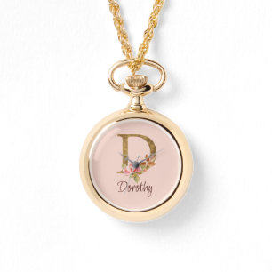 Custom Name Gold Foil Blush Pink Roses Letter D Watch
