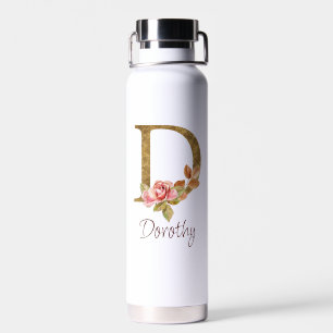 Custom Name Gold Foil Blush Pink Roses Letter D Water Bottle