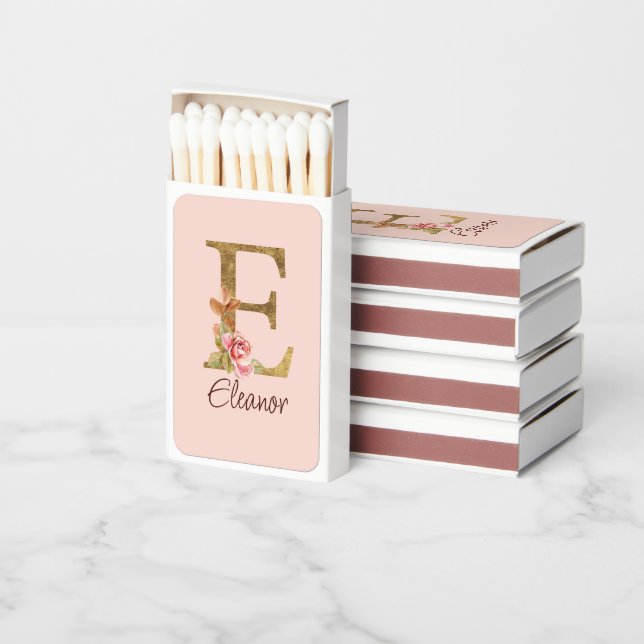 Custom Name Gold Foil Blush Pink Roses Letter E Matchboxes (Stacked)