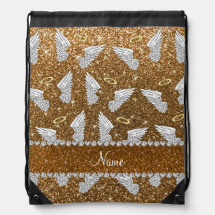 Custom name gold glitter angel wings drawstring bag