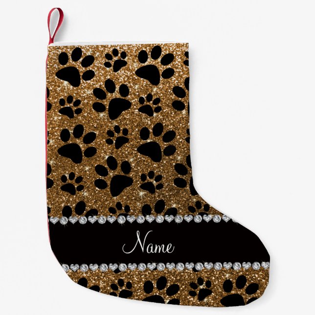 Custom name gold glitter black dog paws small christmas stocking (Front)