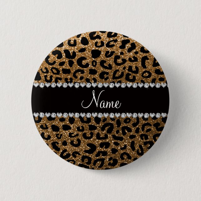 Custom name gold glitter cheetah print button (Front)