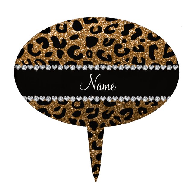 Custom name gold glitter cheetah print cake topper (Front)