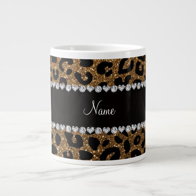 Custom name gold glitter cheetah print giant coffee mug (Front)