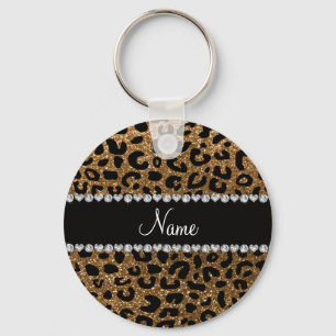 Custom name gold glitter cheetah print keychain