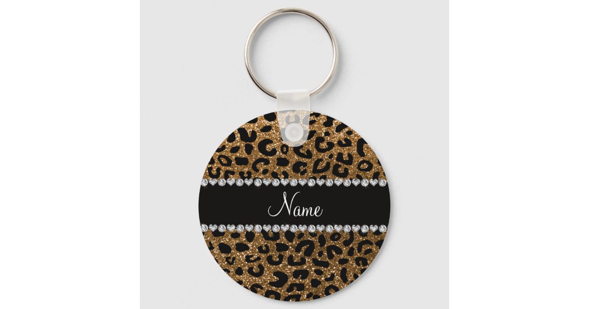 Custom name gold glitter cheetah print keychain | Zazzle
