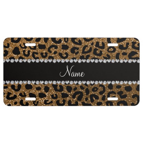 Custom name gold glitter cheetah print license plate