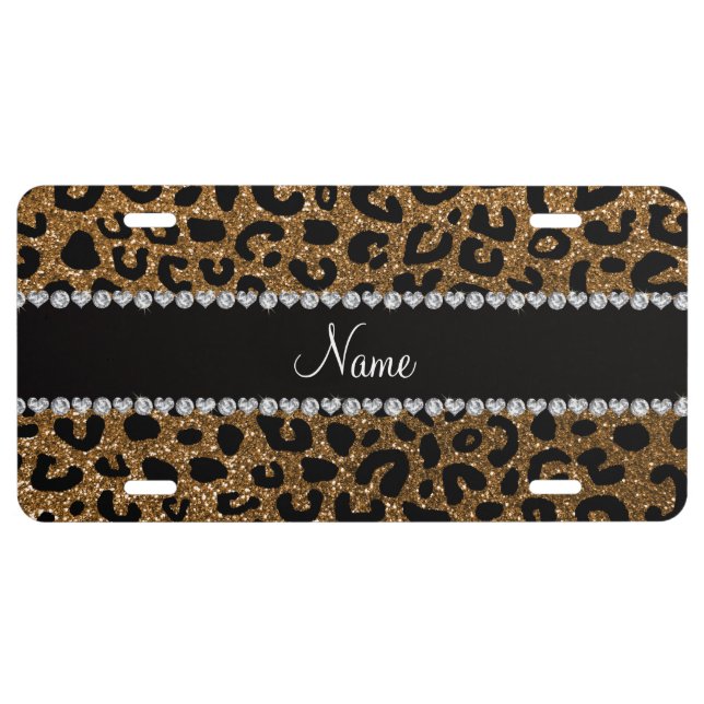 Custom name gold glitter cheetah print license plate (Front)
