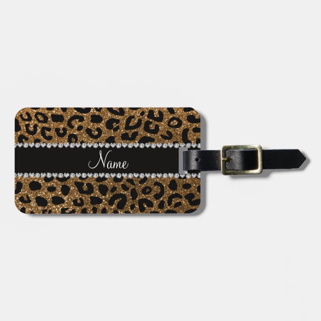Custom name gold glitter cheetah print luggage tag (Front Horizontal)