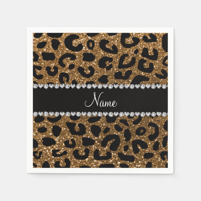 Custom name gold glitter cheetah print paper napkins (Front)