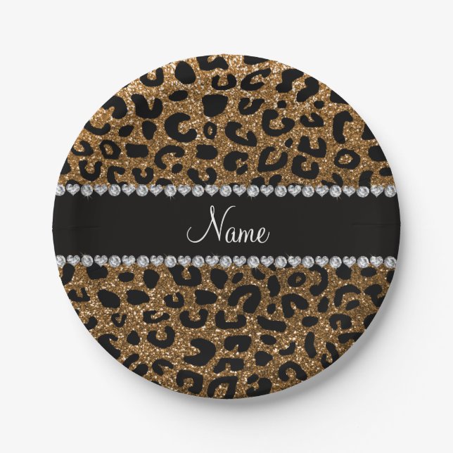 Custom name gold glitter cheetah print paper plates (Front)