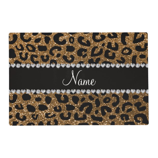 Custom name gold glitter cheetah print placemat (Front)