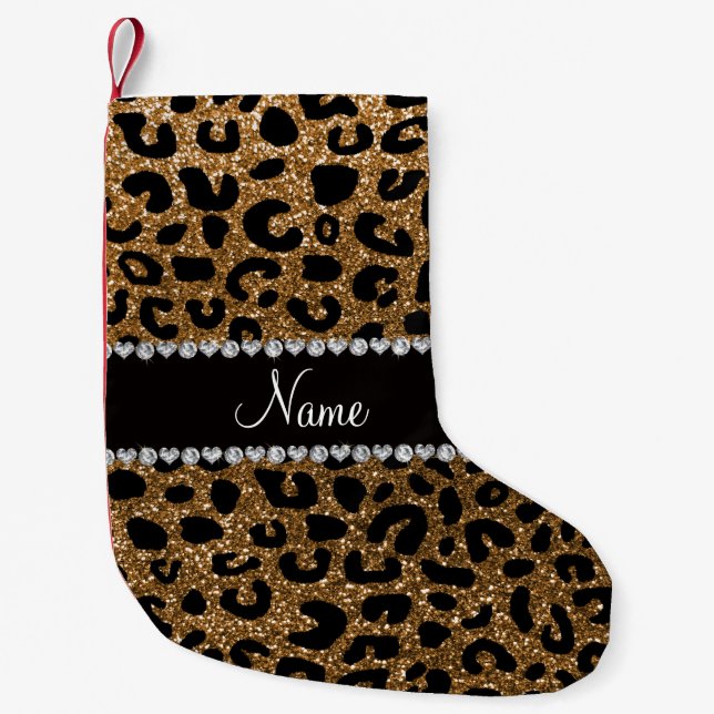 Custom name gold glitter cheetah print small christmas stocking (Front)