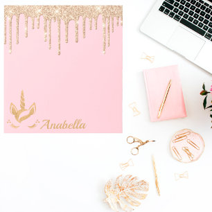 Custom Name Gold Glitter Drips Stars Unicorn Notepad