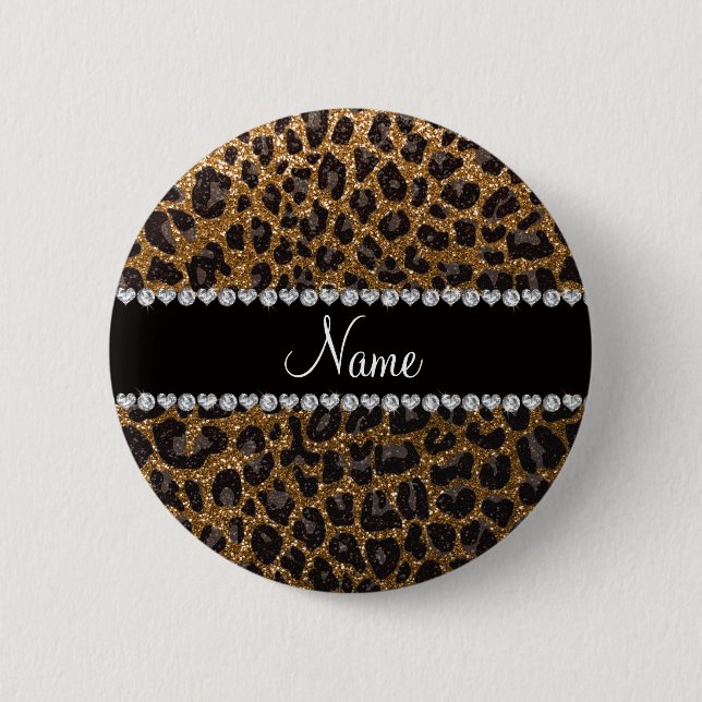 Custom name gold glitter leopard print button (Front)