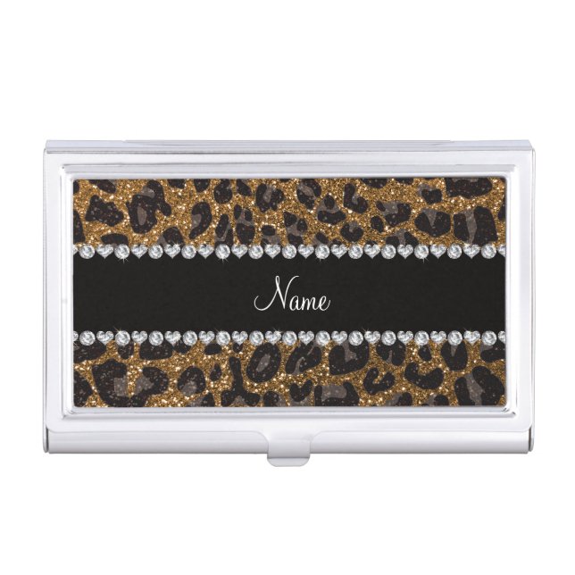 Custom name gold glitter leopard print case for business cards (Front)