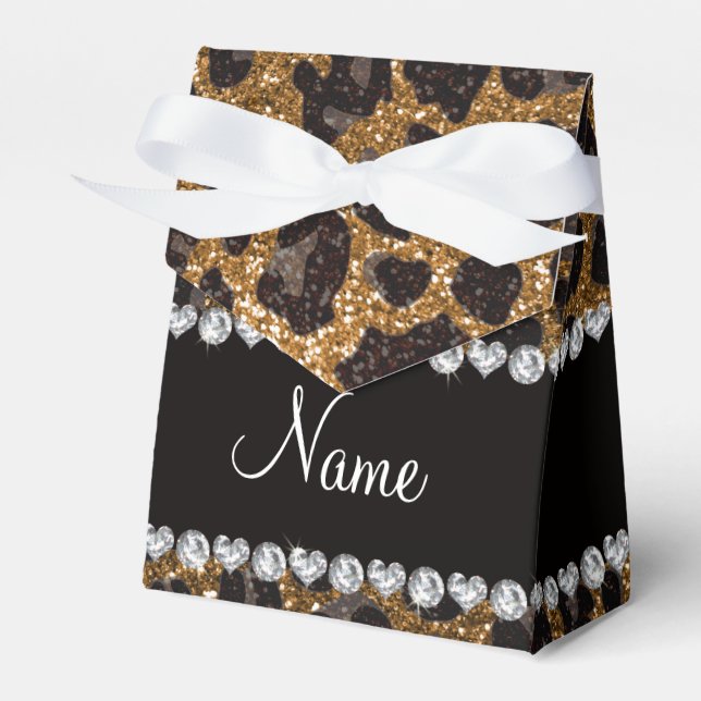 Custom name gold glitter leopard print favor boxes (Front Side)