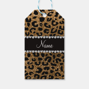 Custom name gold glitter leopard print gift tags