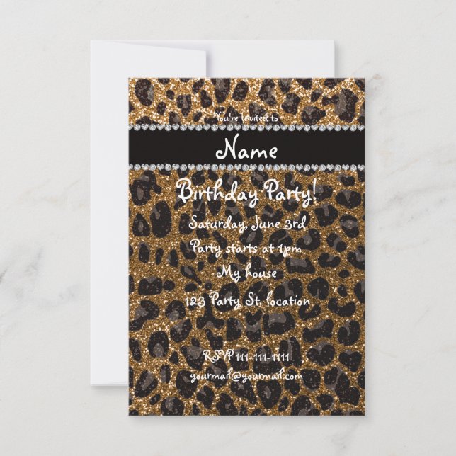 Custom name gold glitter leopard print invitation (Front)