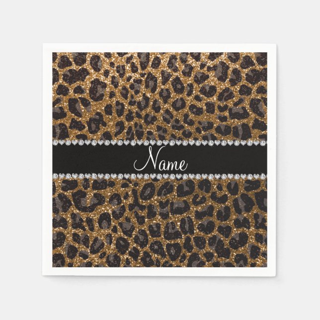 Custom name gold glitter leopard print paper napkins (Front)