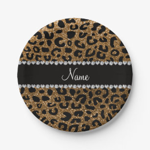 Custom name gold glitter leopard print paper plates