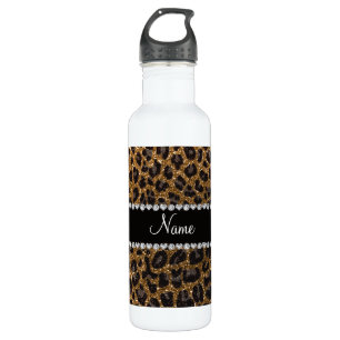 Custom name gold glitter leopard print water bottle