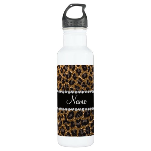Custom name gold glitter leopard print water bottle