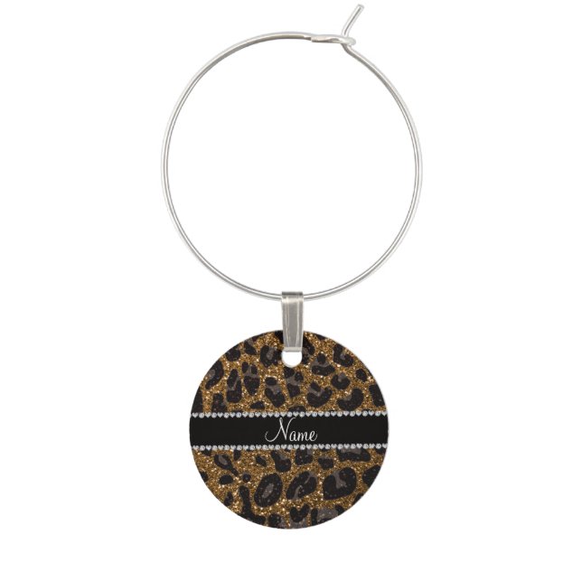 Custom name gold glitter leopard print wine glass charm (Front)
