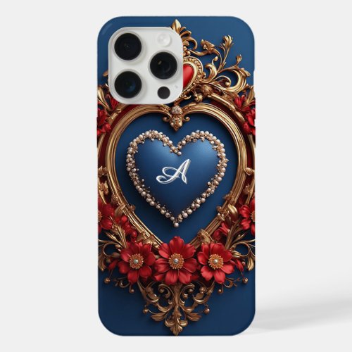 Custom name Gold Heart Frame With Pearl Bead iPhone 15 Pro Max Case