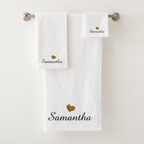 Custom Name Gold Heart Personalized Black  White Bath Towel Set