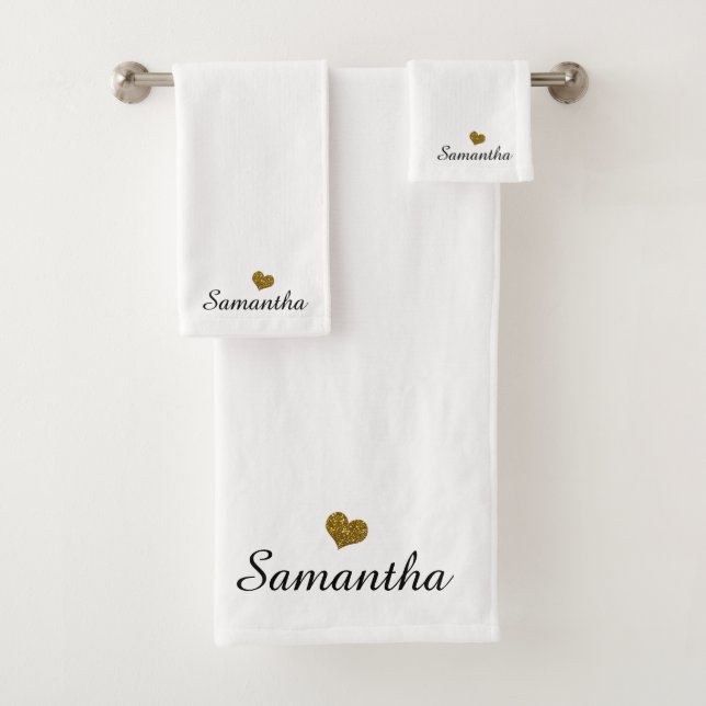 Custom Name Gold Heart Personalized Black  White Bath Towel Set (Insitu)