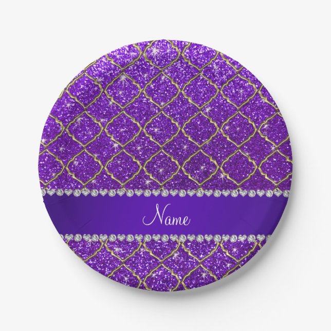 Custom name gold indigo purple glitter moroccan paper plates (Front)