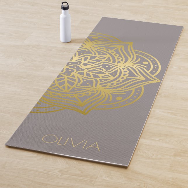 Custom Name Gold Mandala Gray  Yoga Mat (In Situ)