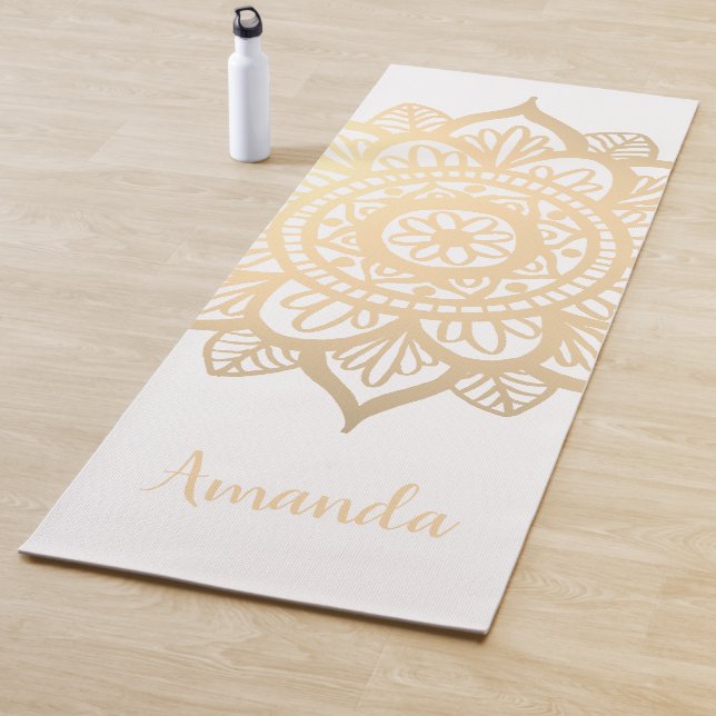 Custom Name Gold Mandala White Yoga Mat (In Situ)
