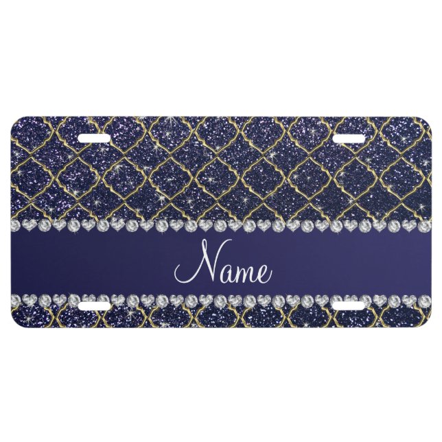 Custom name gold navy blue glitter moroccan license plate (Front)