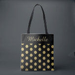 Custom Name Gold Polka Dot Black Tote Bag<br><div class="desc">Designed with gold polka dots on a black background,  this tote is sure to get you many compliments! Personalize with a name or text of your choice!</div>