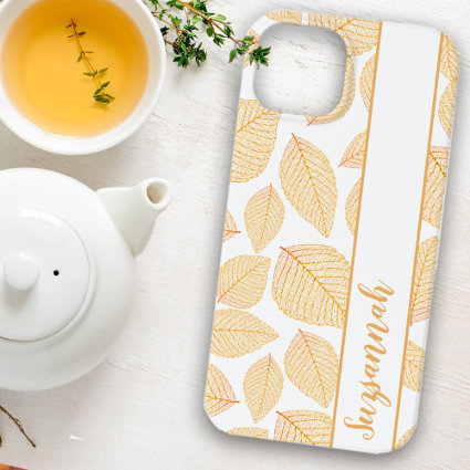 Custom Name Gold Skeleton Leaves on White