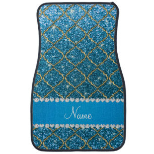Custom name gold sky blue glitter moroccan car floor mat