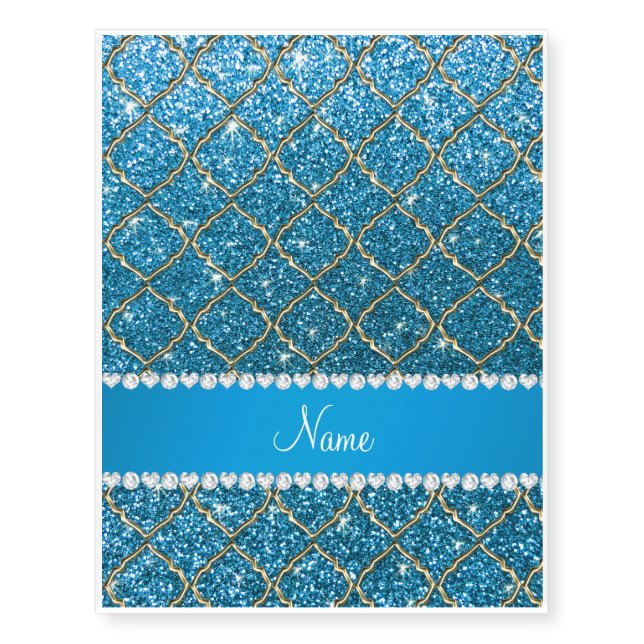 Custom name gold sky blue glitter moroccan temporary tattoos (Front)