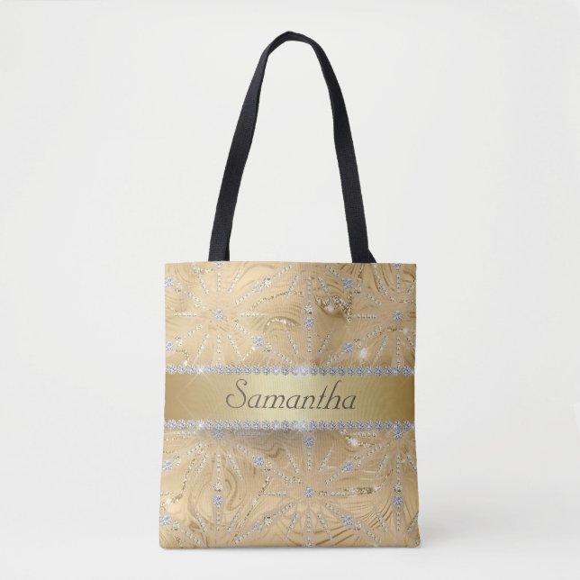 Custom Name Gold Snowflake Sparkle Diamond Tote Bag (Front)