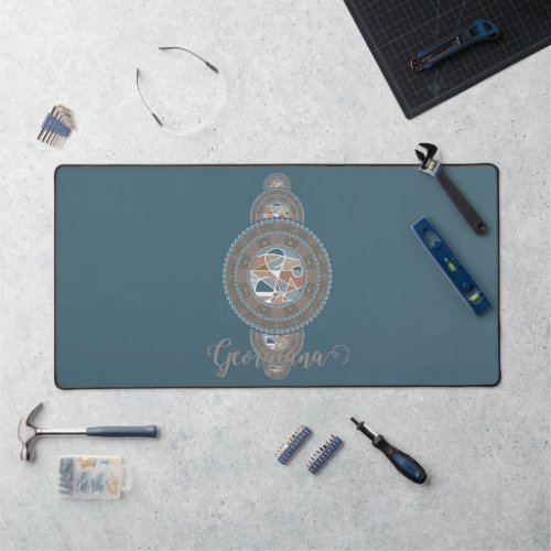 Custom Name Gold Teal Abstract Ornamental Mandala Desk Mat