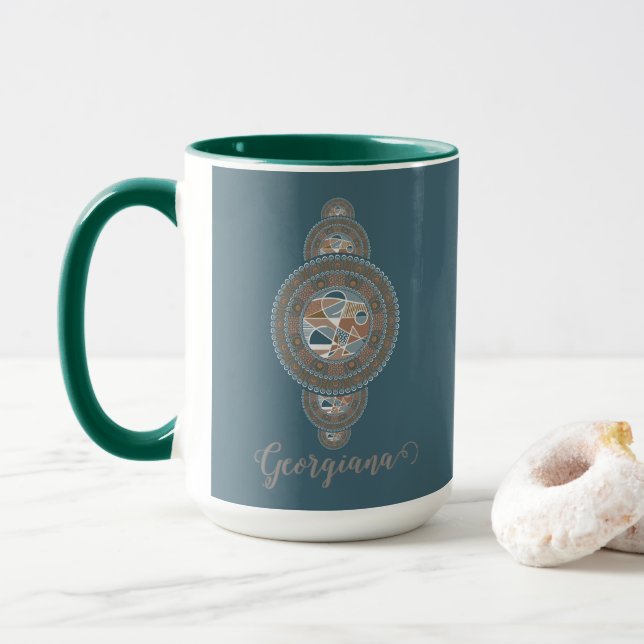 Custom Name Gold Teal Abstract Ornamental Mandala Mug (With Donut)