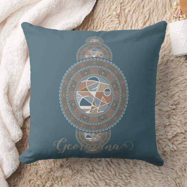 Custom Name Gold Teal Abstract Ornamental Mandala Throw Pillow (Blanket)