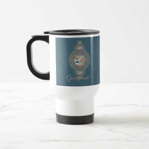Custom Name Gold Teal Abstract Ornamental Mandala Travel Mug
