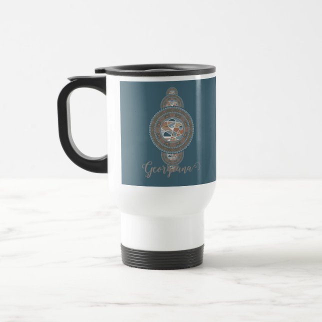 Custom Name Gold Teal Abstract Ornamental Mandala Travel Mug (Left)