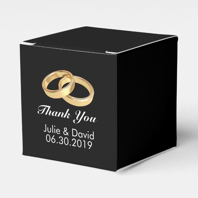 Custom Name Gold Wedding Rings Black Favor Boxes (Front Side)
