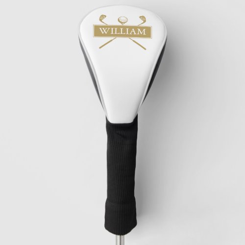 Custom Name Gold White Clubs And Ball  Golf Head Cover
