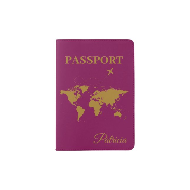 Custom Name Gold World Map - Wine Passport Holder (Front)