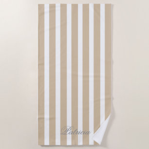 Custom Name Golden Beige White Stripe Beach Towel